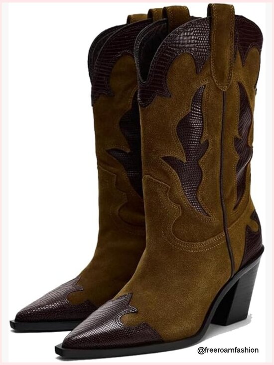 Shoes - Brown Suede Cowboy Boots Embroidered Pointed Toe Chunky Heel Pull On